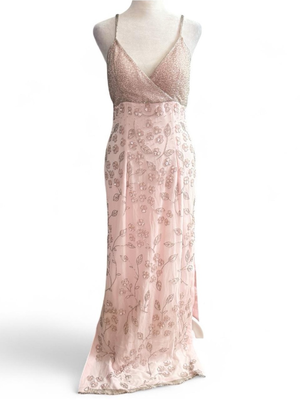 NWT Michaelangelo Pink Beaded Silk Floral Maxi Dress Small